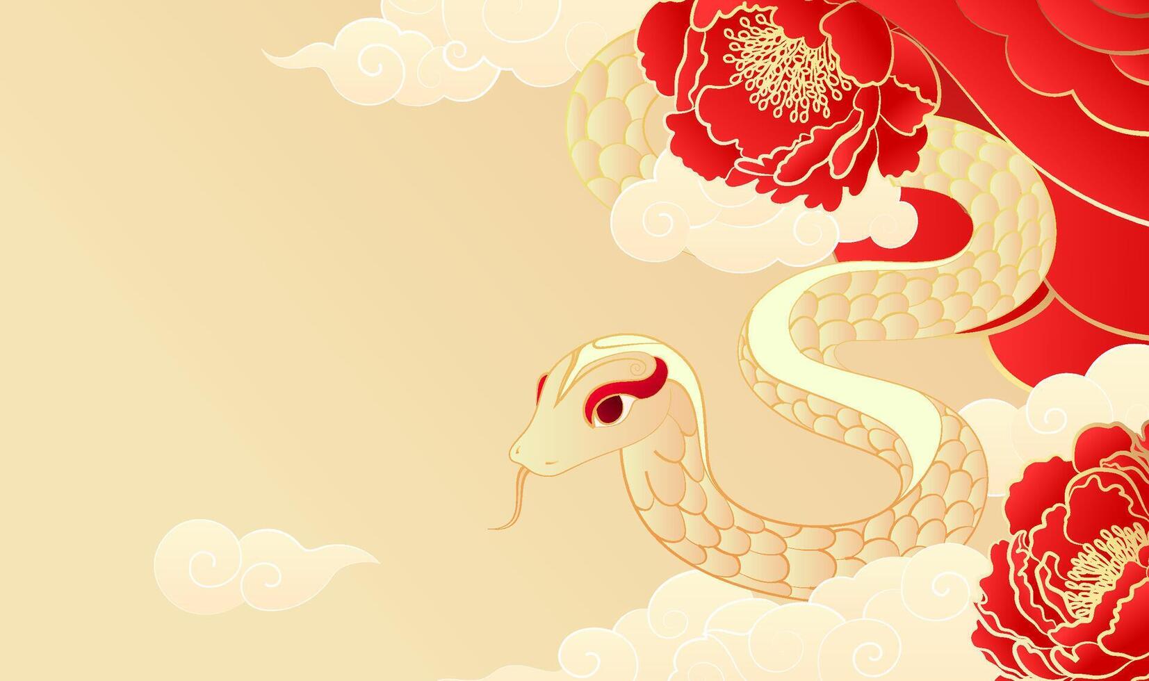 Chinese New Year Illustration of the Year of the Snake Golden snake with peonies and moire on a yellow background vector