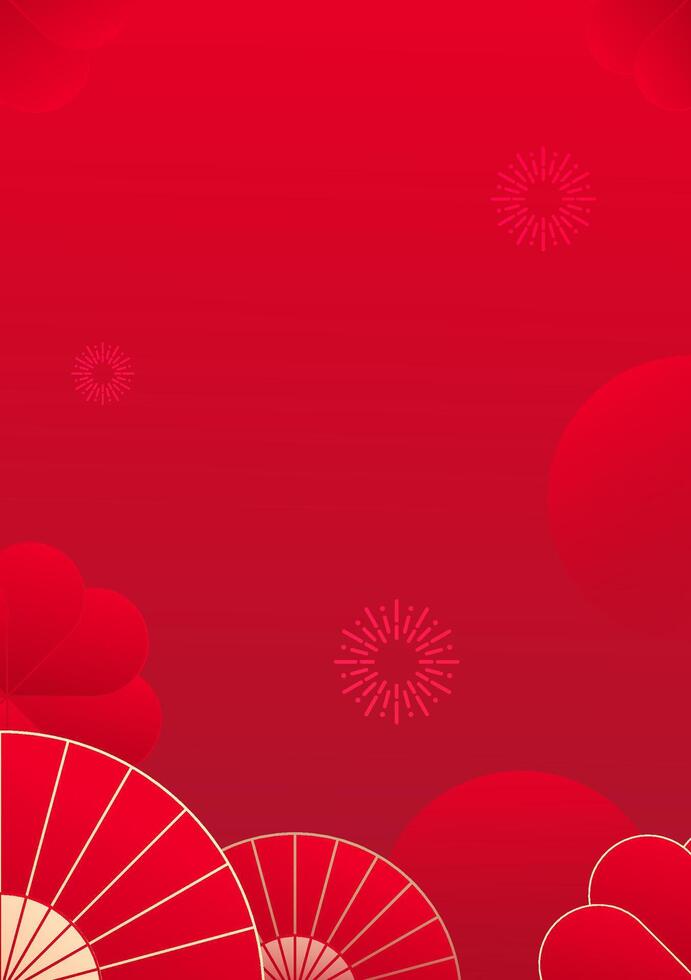 Chinese style celebrates poster the New Year with red background fan fireworks and yellow ribbons vector