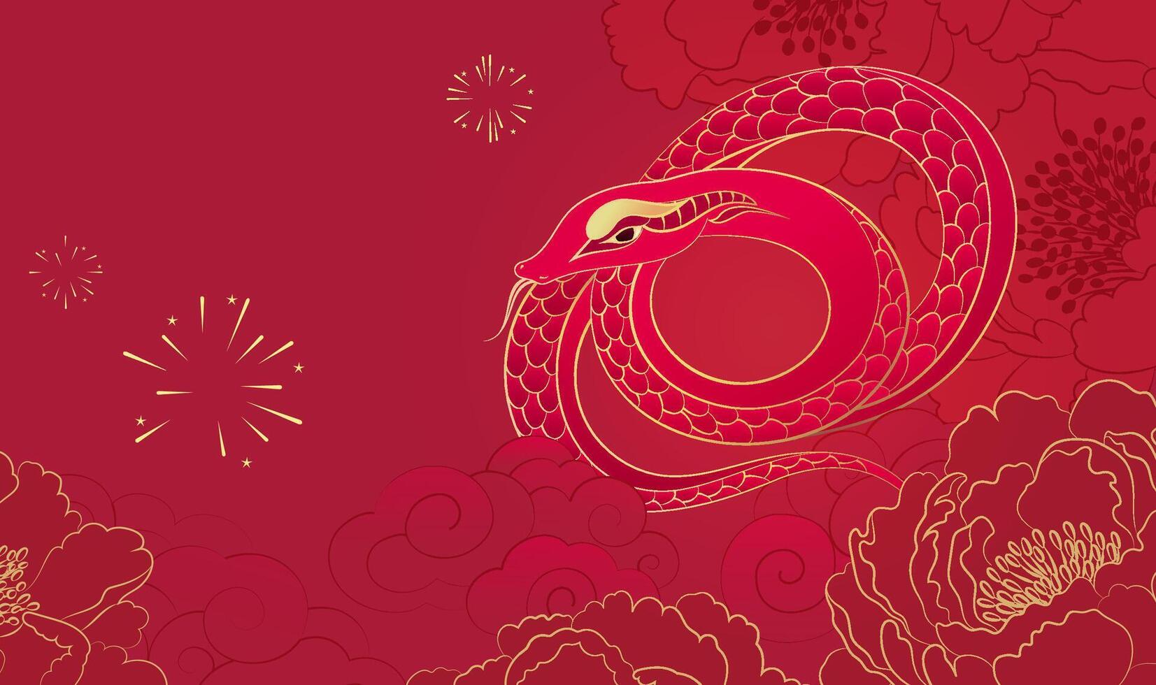 Chinese New Year illustration of the Year of the Snake Red snake between peony flowers and clouds vector