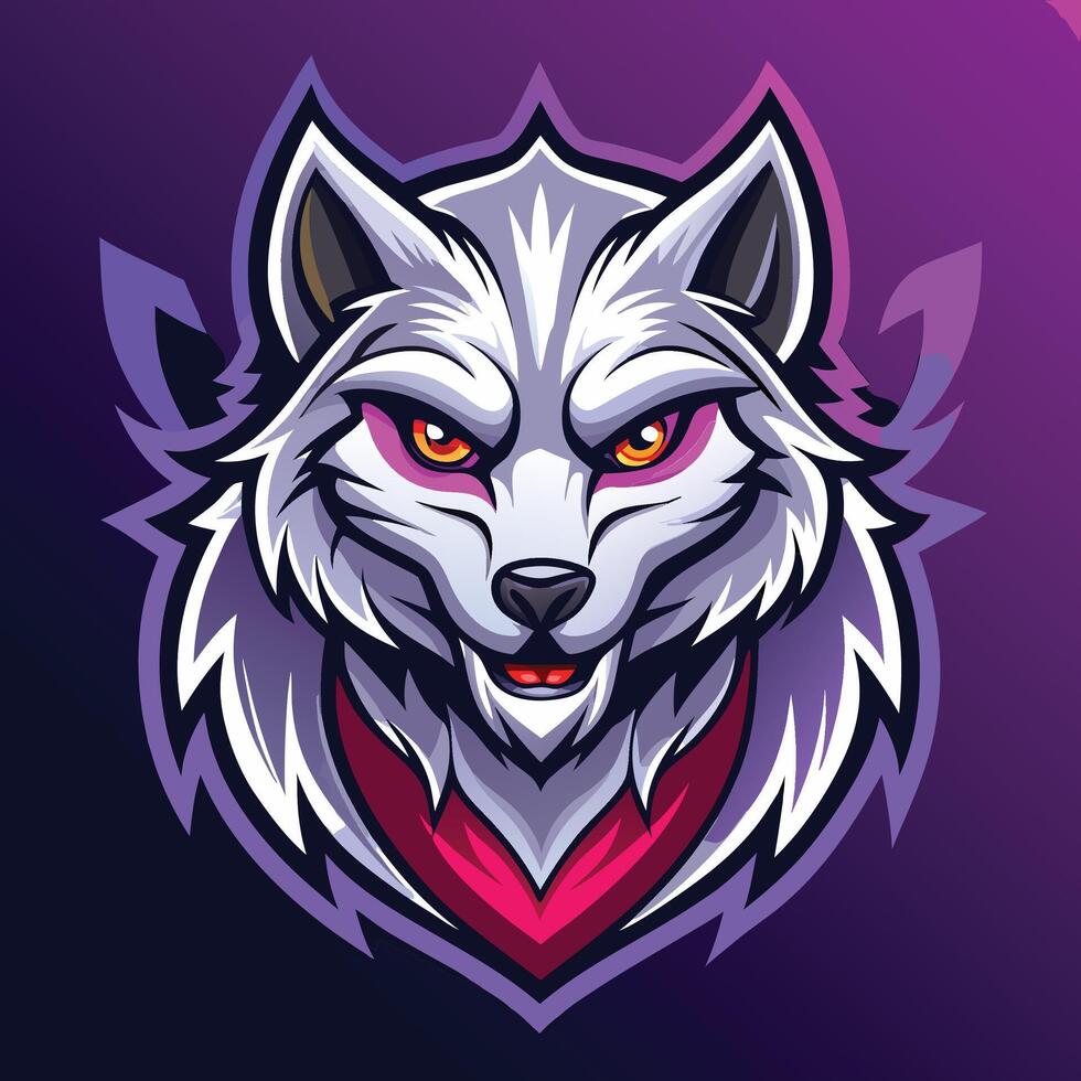 a wolf head with red eyes on a purple background vector