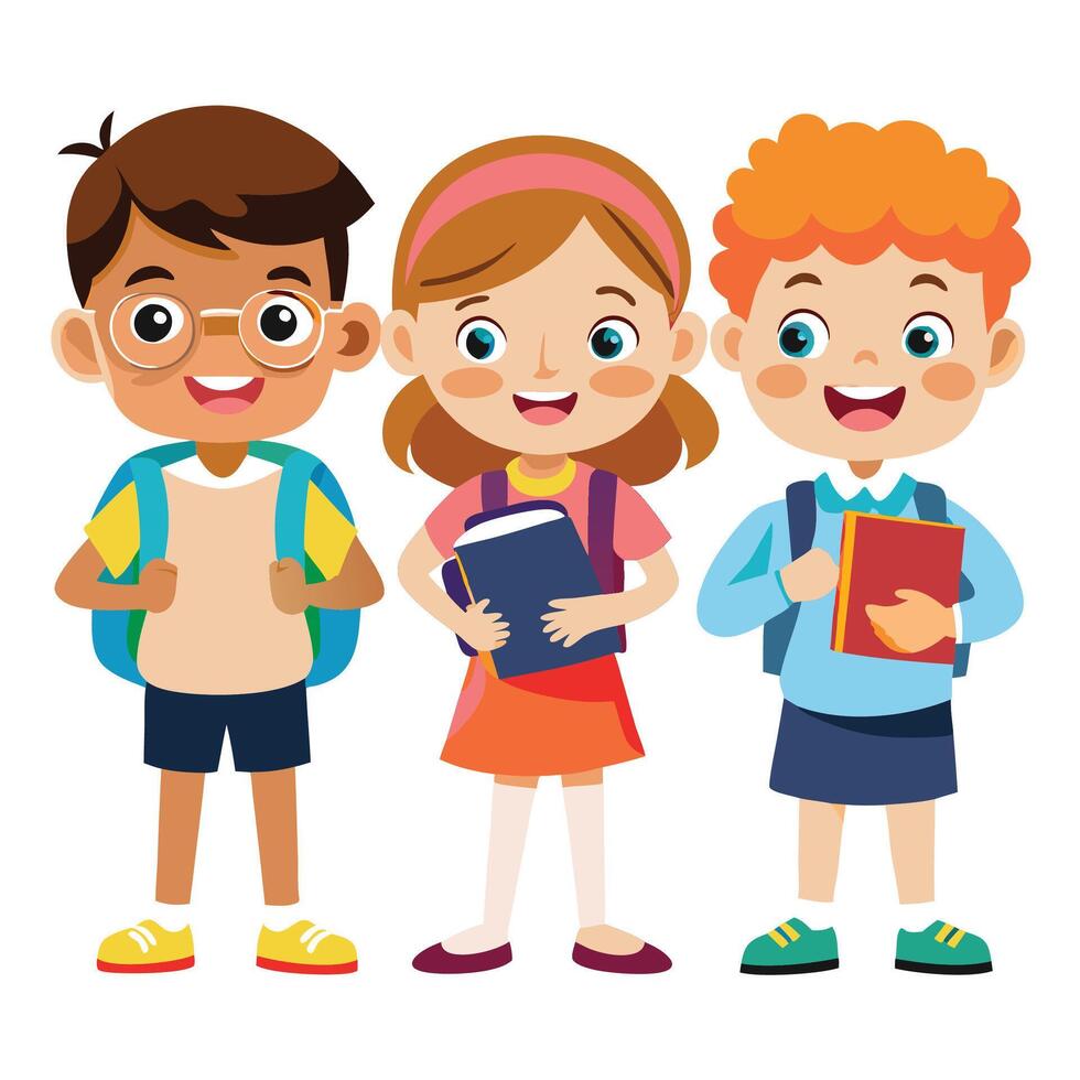 three children with books and backpacks vector