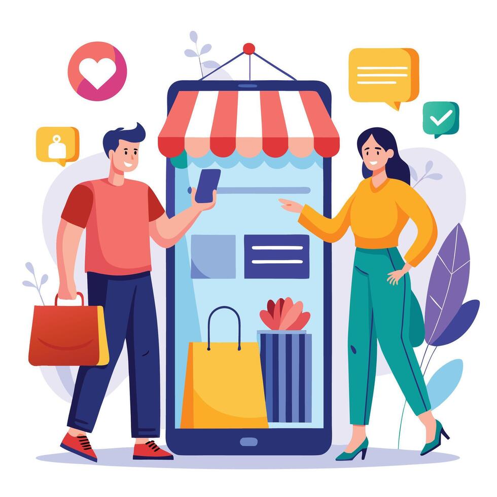 online shopping concept with man and woman holding shopping bags and looking at a smartphone vector