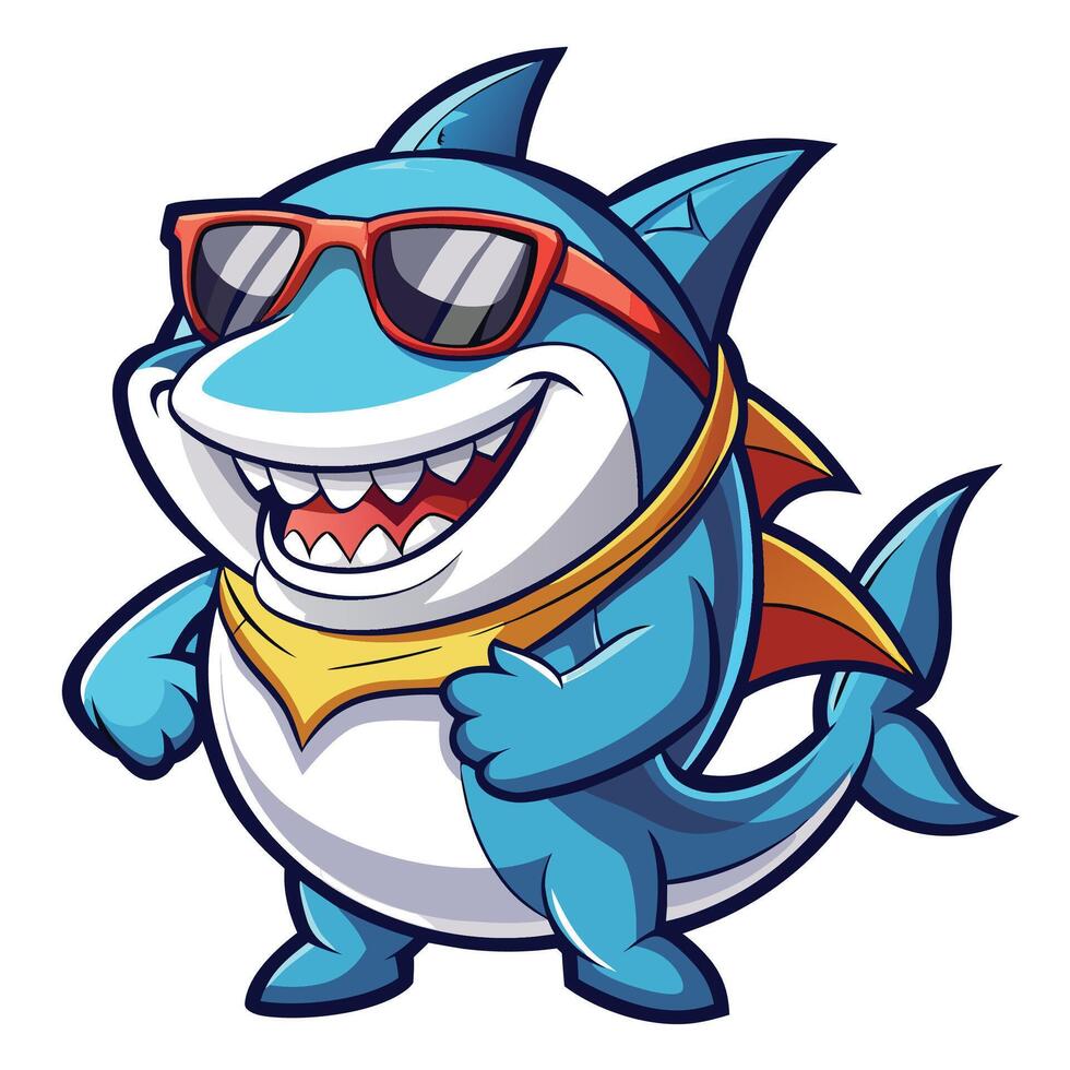 shark cartoon character with sunglasses and a scarf vector