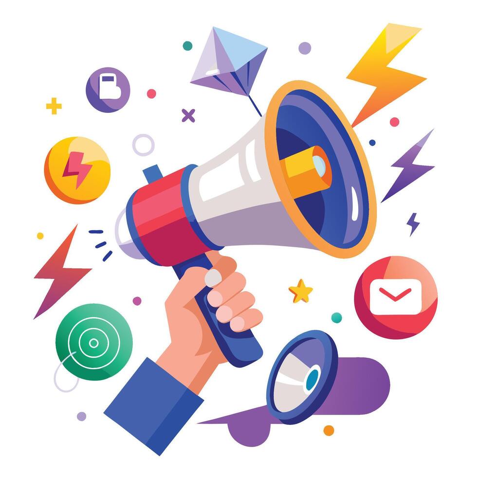 a hand holding a megaphone with icons around it vector