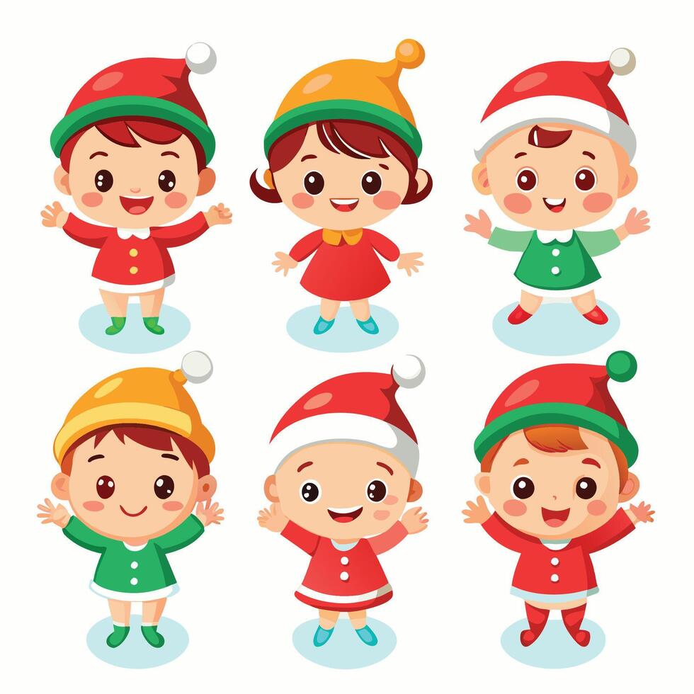 christmas cartoon children in elf hats vector