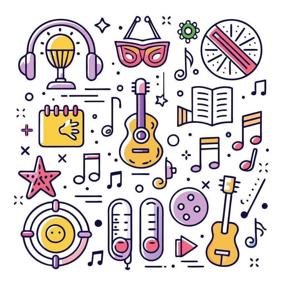 music icons set with guitar, headphones, microphone, microphone, headphones, music notes, music notes vector