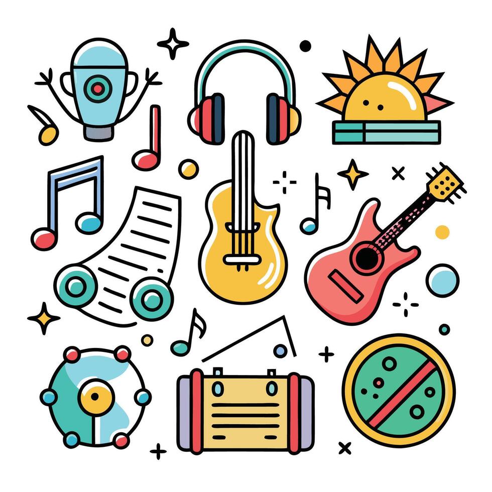 music icons set with guitar, headphones, music notes, sun, and other items vector