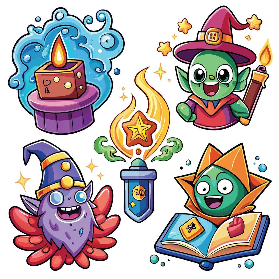 cartoon characters with different objects and spells vector