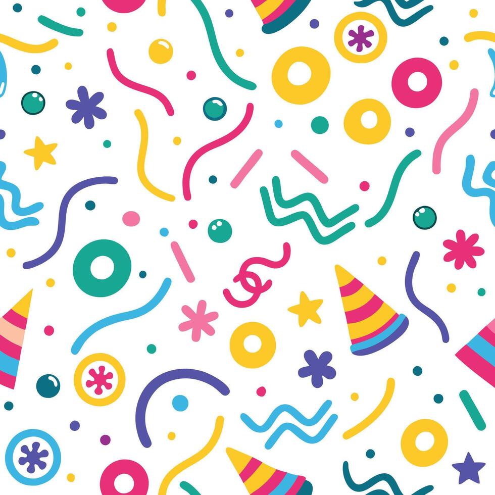 a colorful party pattern with confetti, streamers and other items vector
