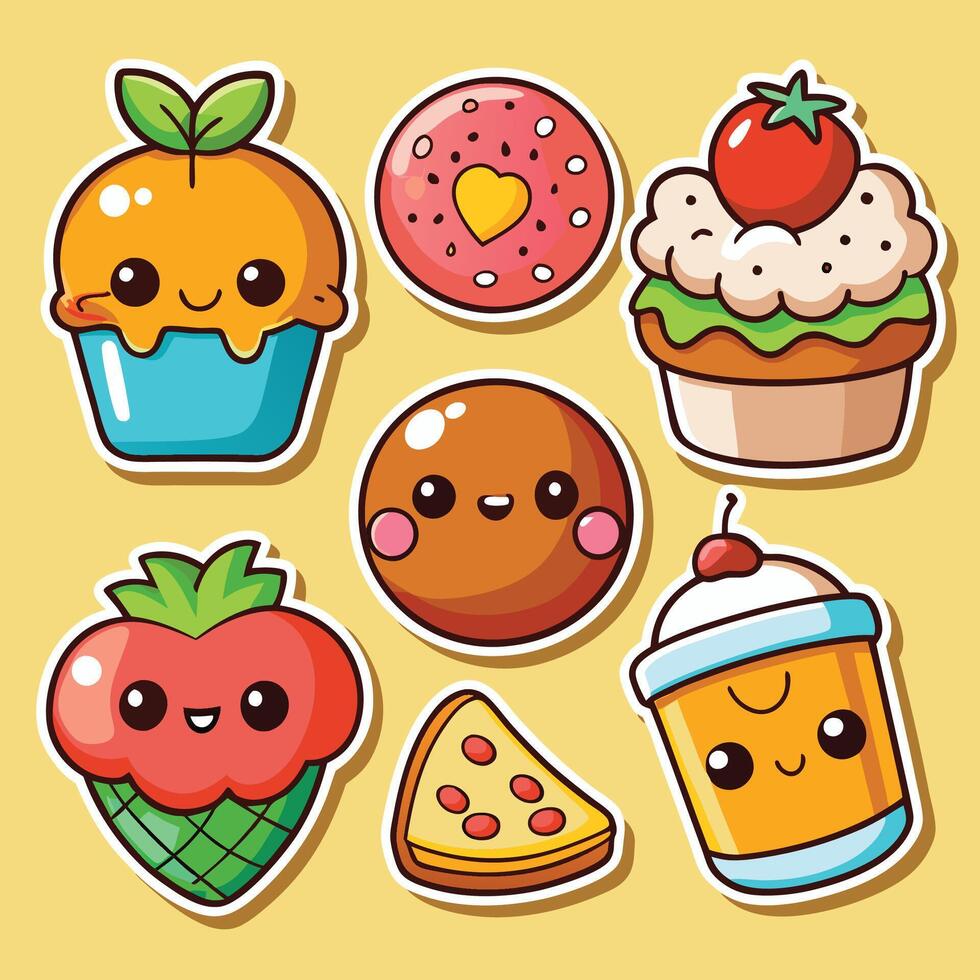 cute kawaii food stickers set vector