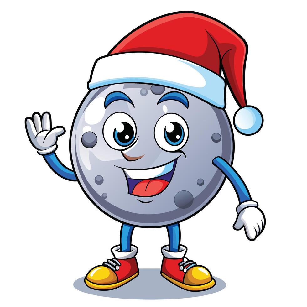 cartoon moon character wearing santa hat waving vector