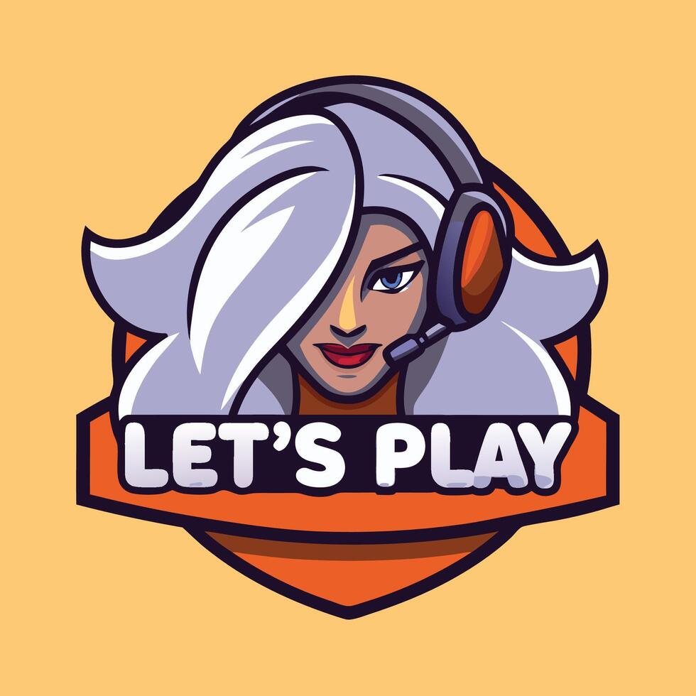 a woman with headphones and a microphone is wearing a logo for let's play vector