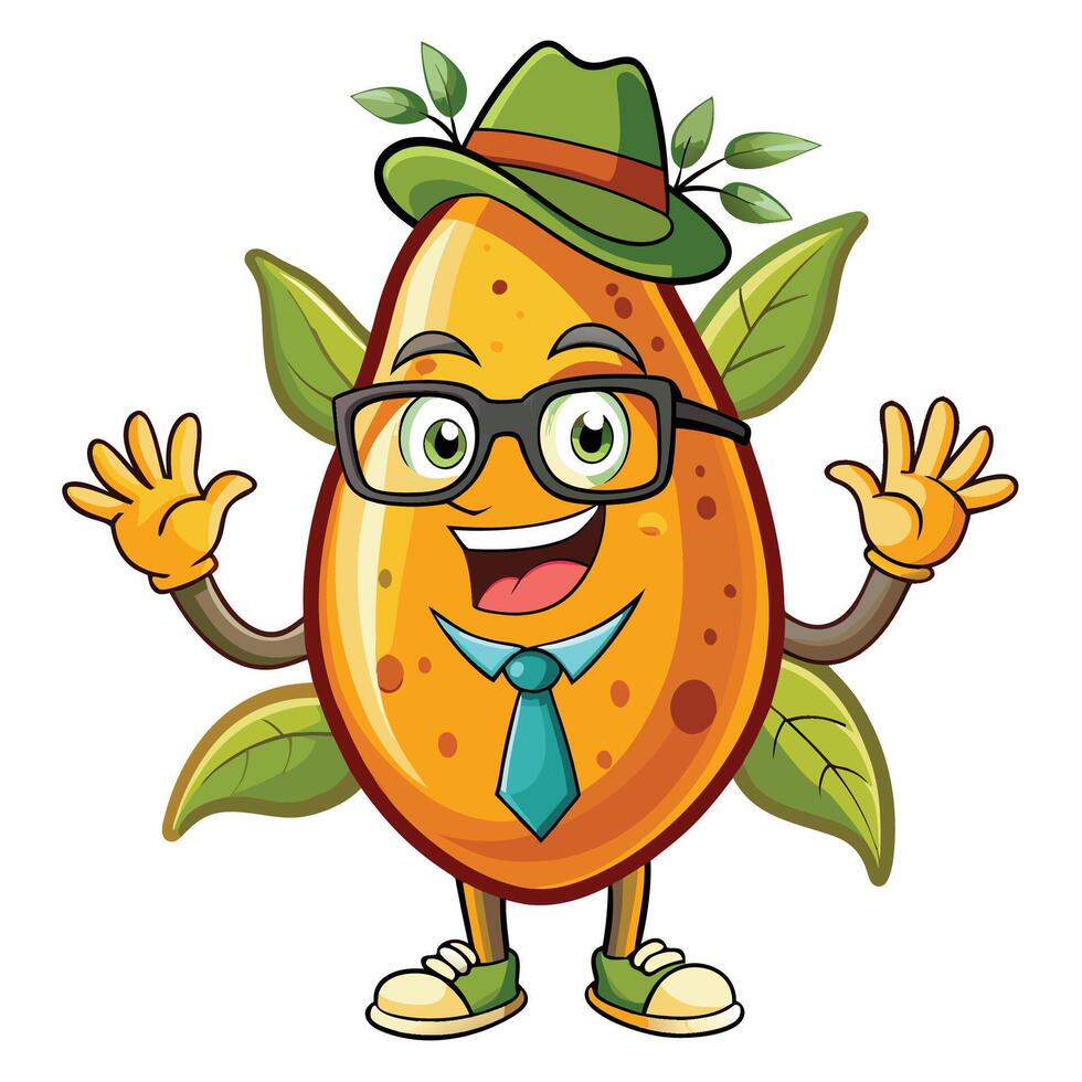 a cartoon mango wearing a hat and tie with a green leaf vector