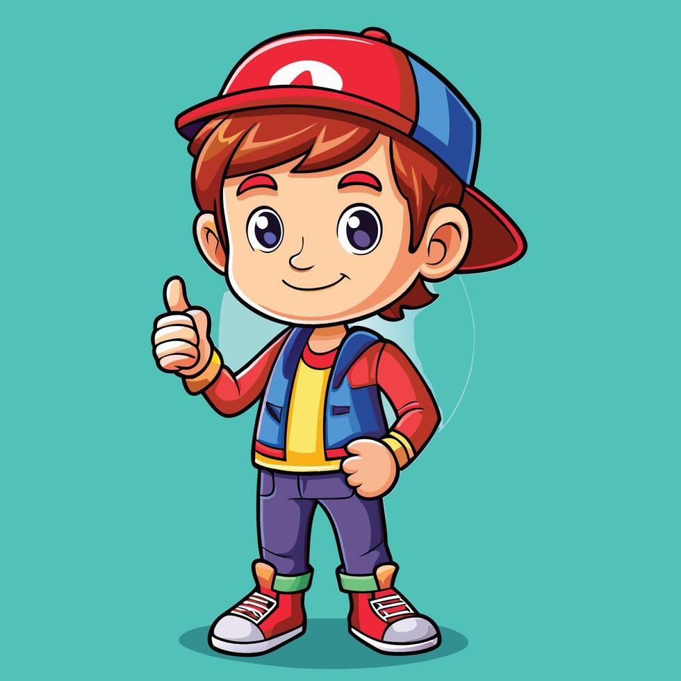 cartoon boy in a hat and sneakers giving a thumbs up vector