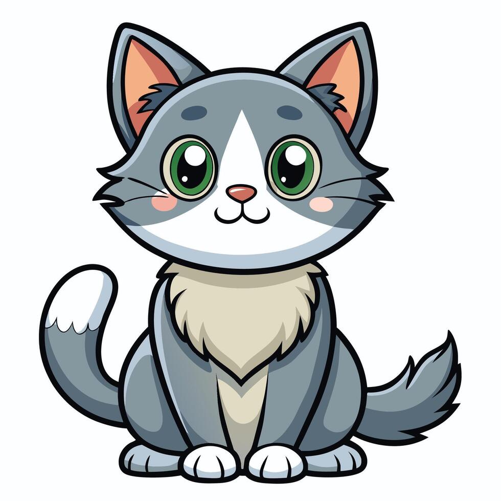 a cartoon gray cat with green eyes vector