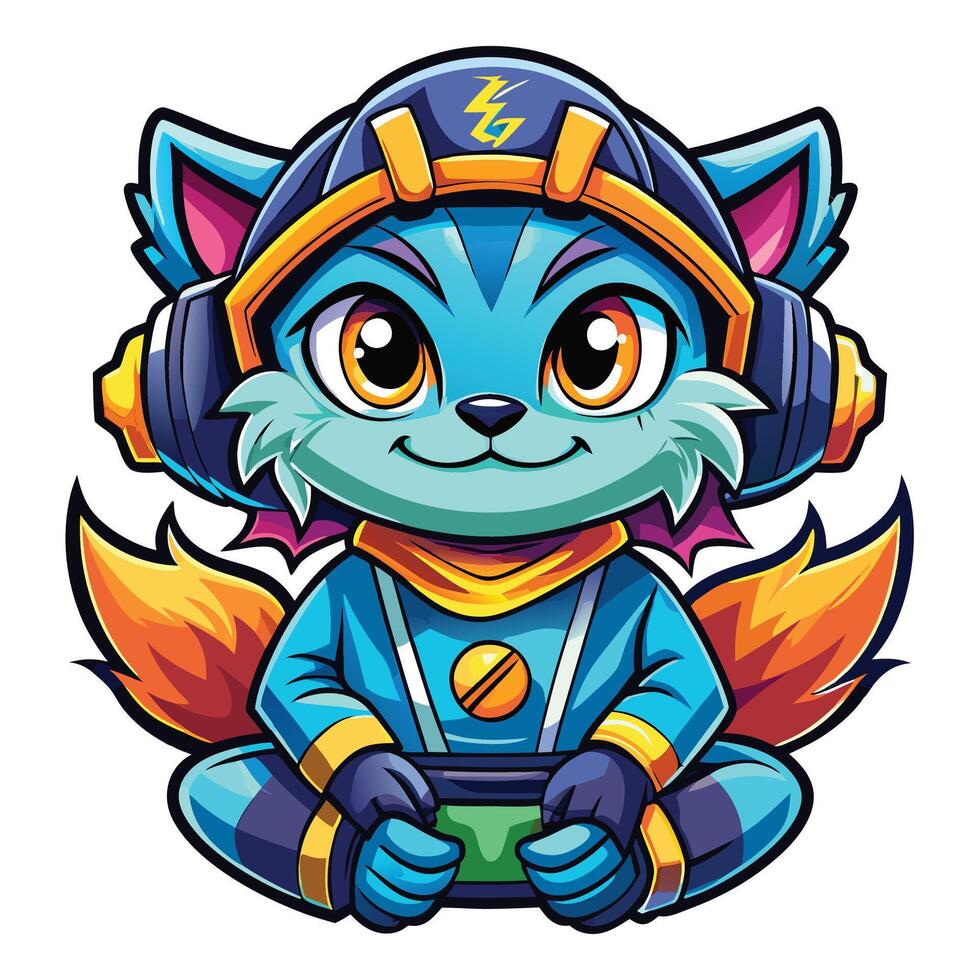 a cartoon blue cat wearing headphones and holding a controller vector