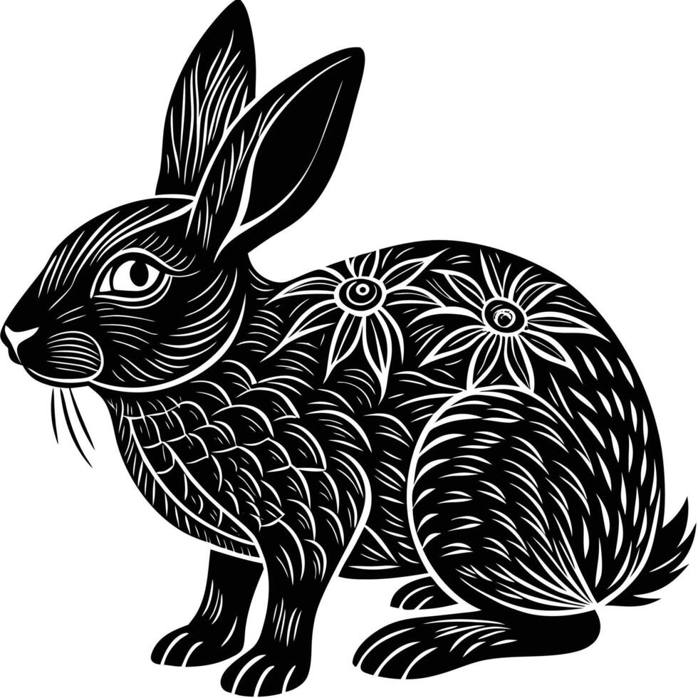 a black and white illustration of a rabbit vector