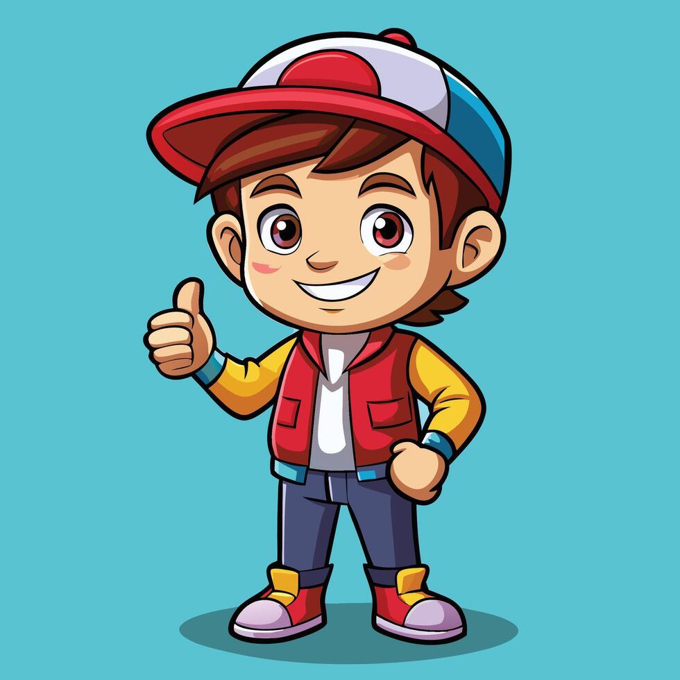 cartoon boy in a red cap and jeans giving thumbs up vector