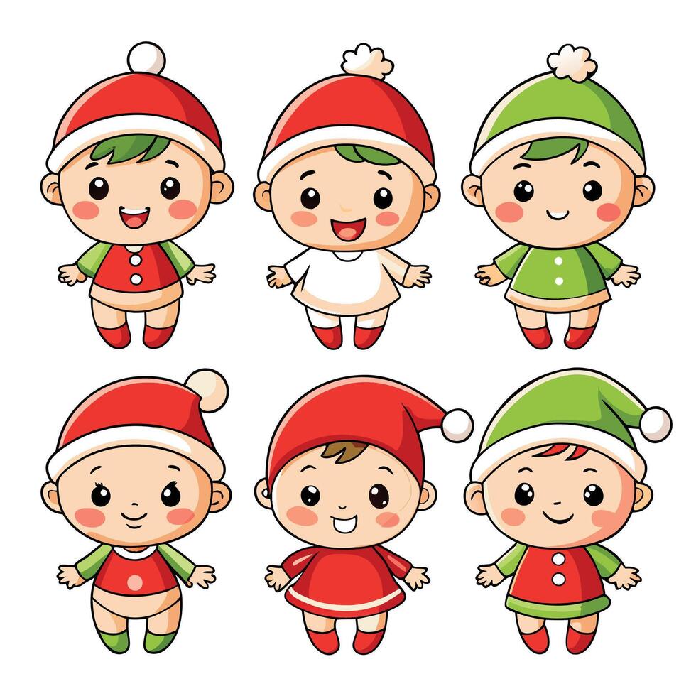 christmas cartoon set of cute little elf characters illustration vector