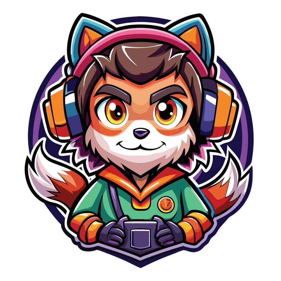 a cartoon fox wearing headphones and holding a controller vector
