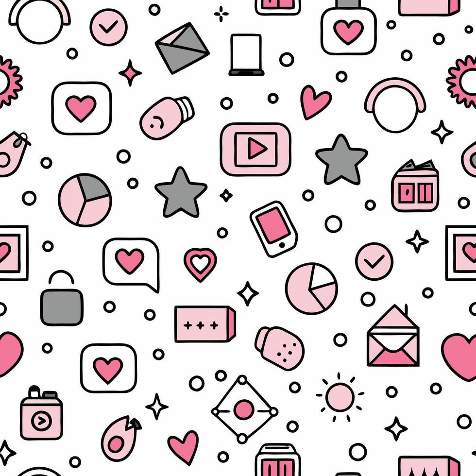 a pink and white pattern with icons and symbols vector