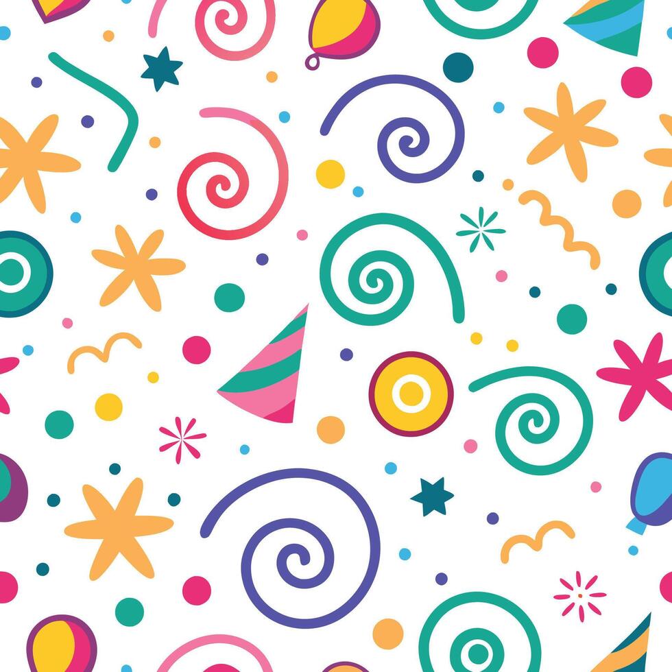 a colorful party pattern with balloons, stars and confetti vector