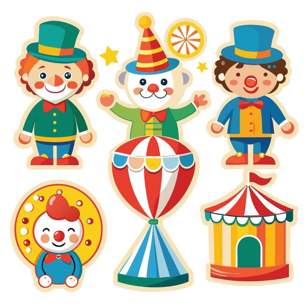a set of cartoon circus characters with clowns, clowns, and a circus tent vector