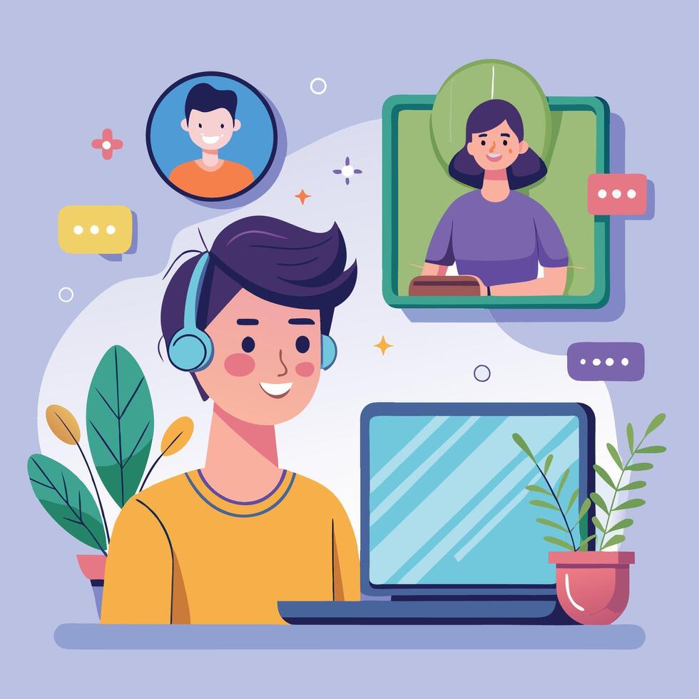 a man and woman are sitting at a computer with a laptop and a phone vector