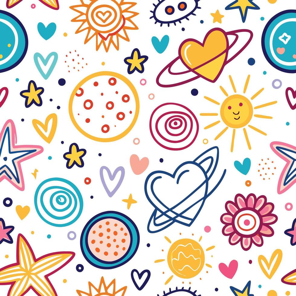 a colorful pattern with stars, planets and hearts vector