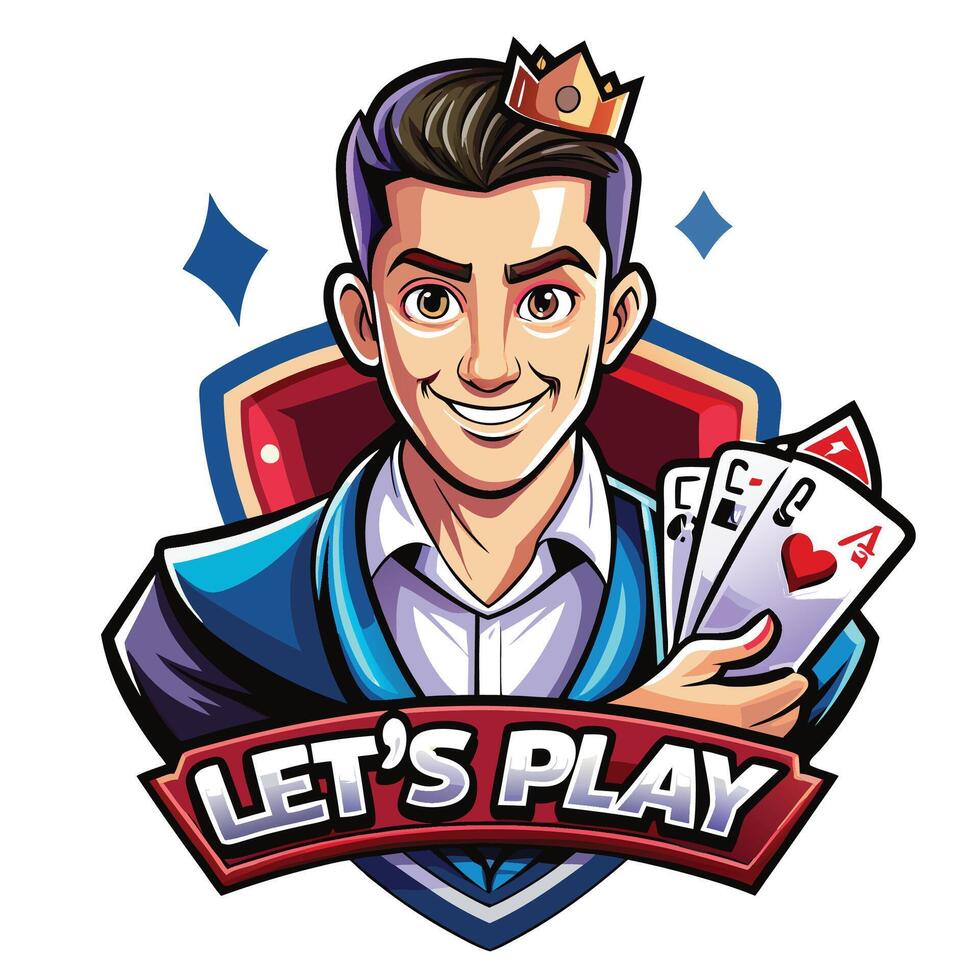 let's play logo with a man holding cards vector