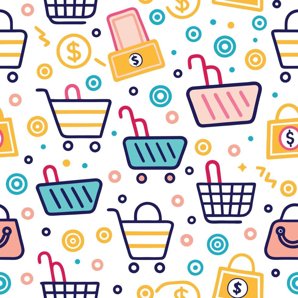 shopping seamless pattern with shopping carts and money icons vector