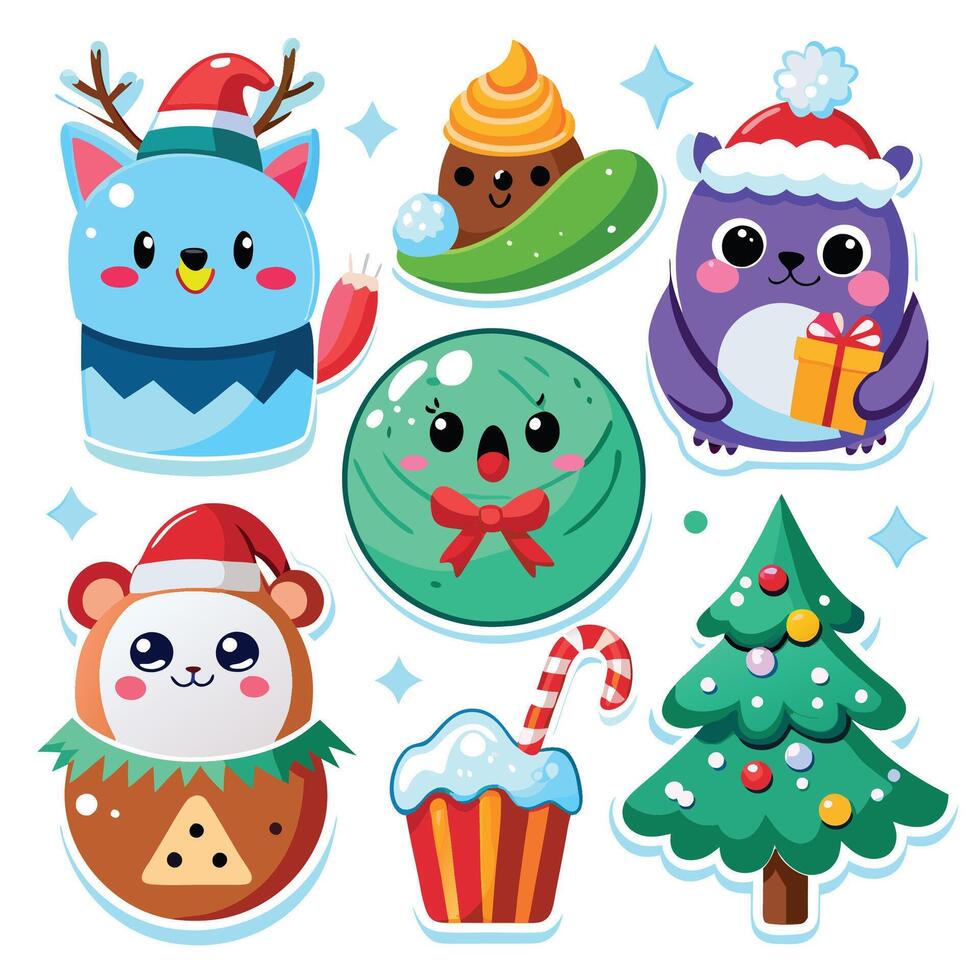 a set of cute christmas stickers with various animals vector