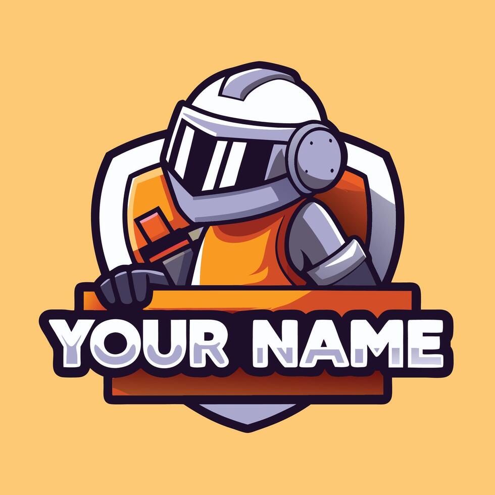 a robot holding a hammer logo design vector