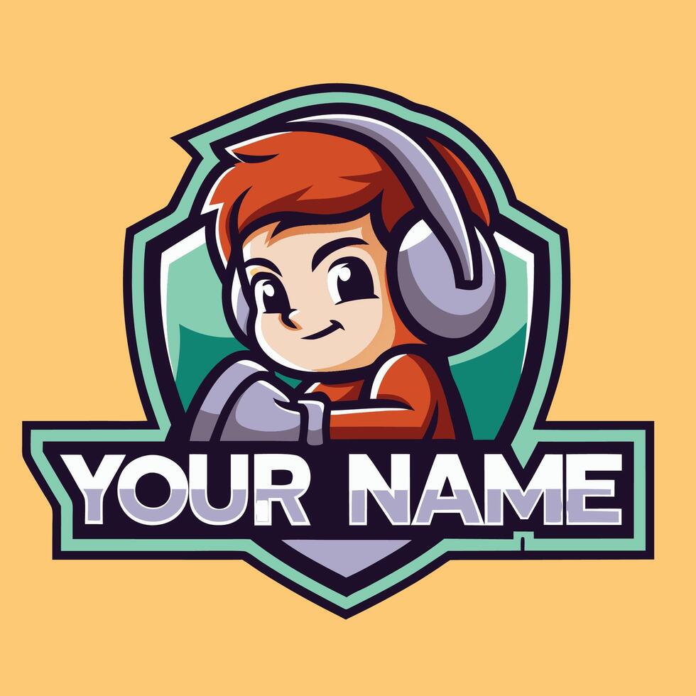 a cartoon character with headphones and a shield logo vector
