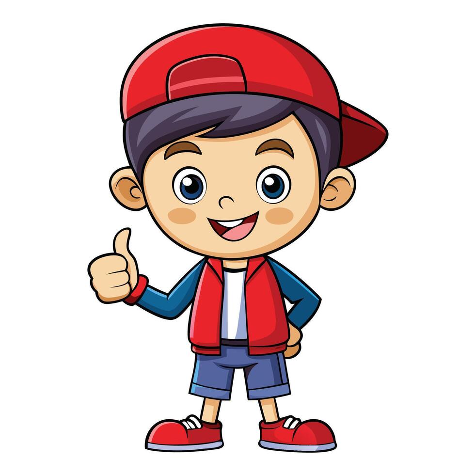 cartoon boy in red cap and shorts giving thumbs up vector