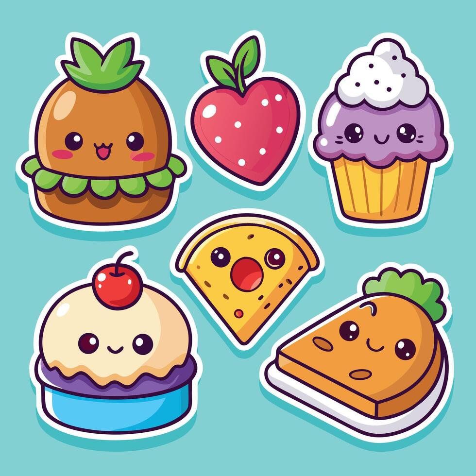 cute food stickers set with fruit, cake, and other items vector