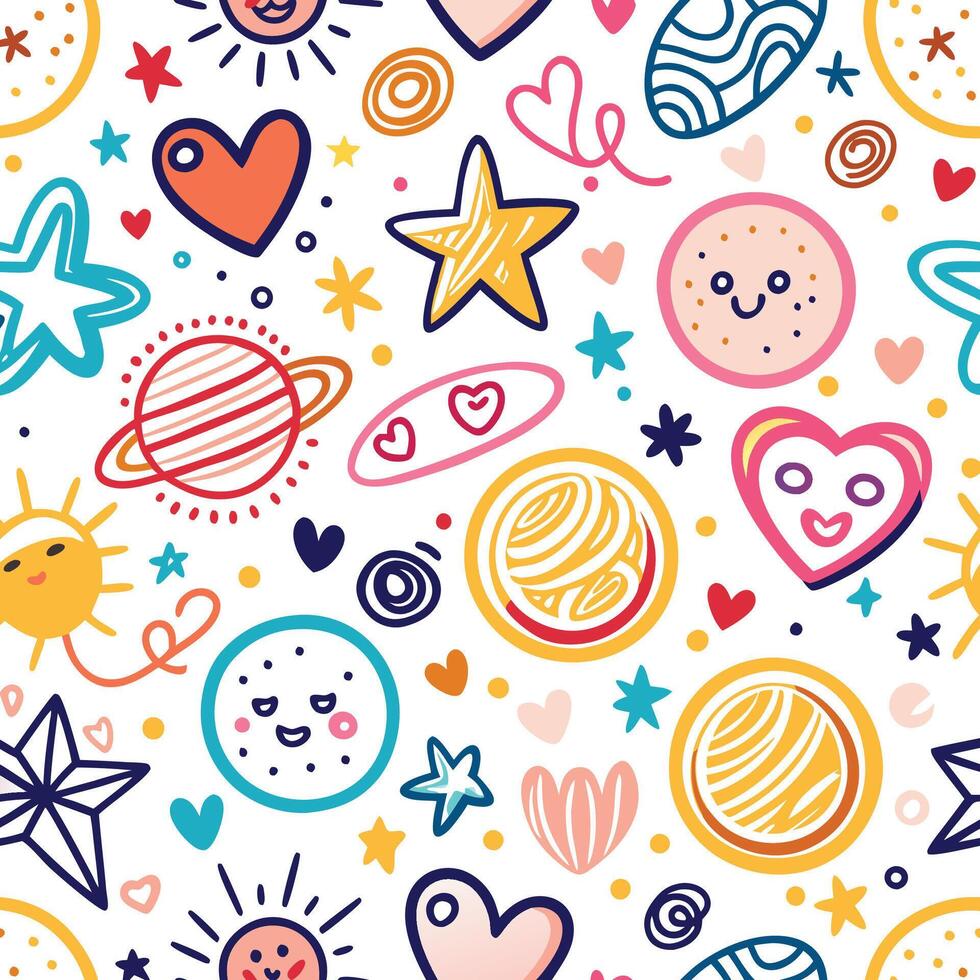 seamless pattern with cute cartoon characters and stars vector