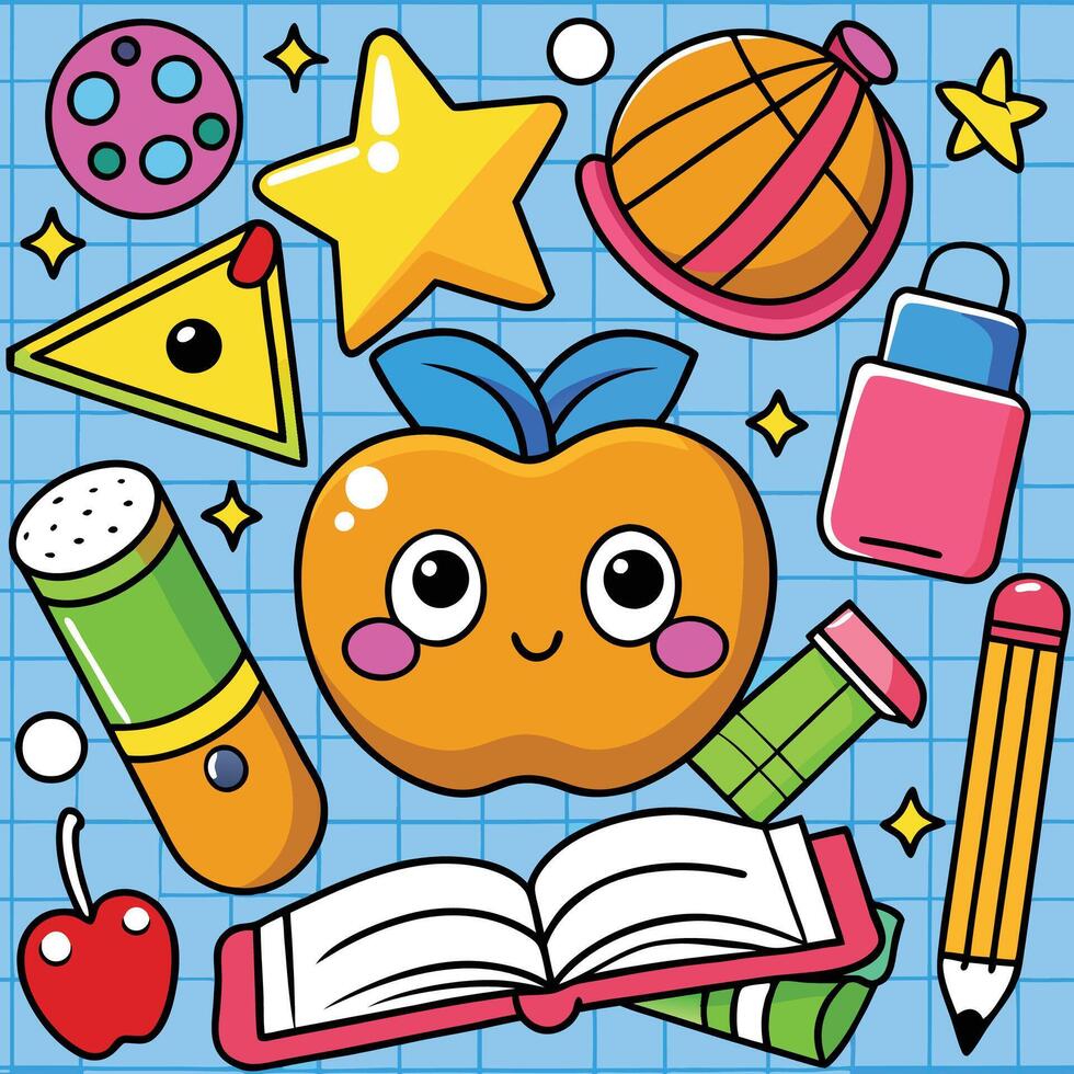 school supplies and an apple on a blue background vector