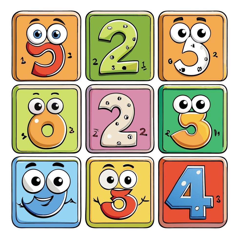 cartoon numbers with faces and eyes vector