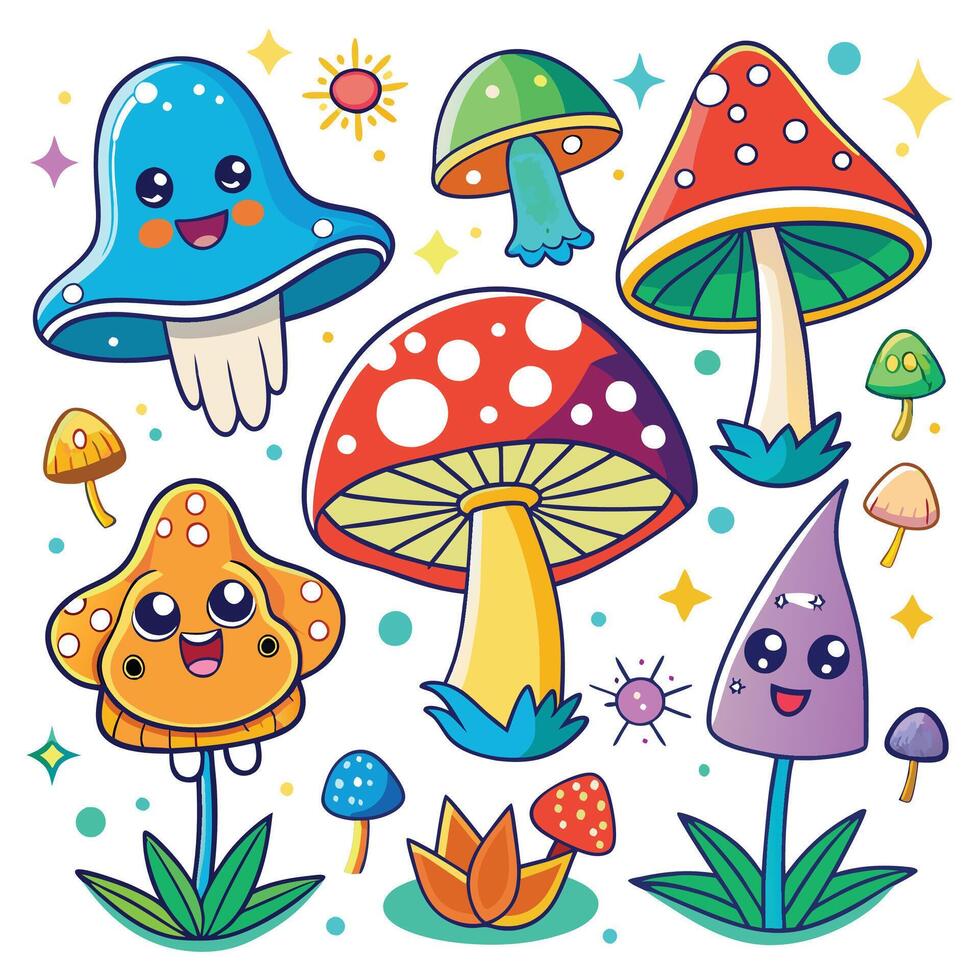 cartoon mushrooms and other plants in a field vector