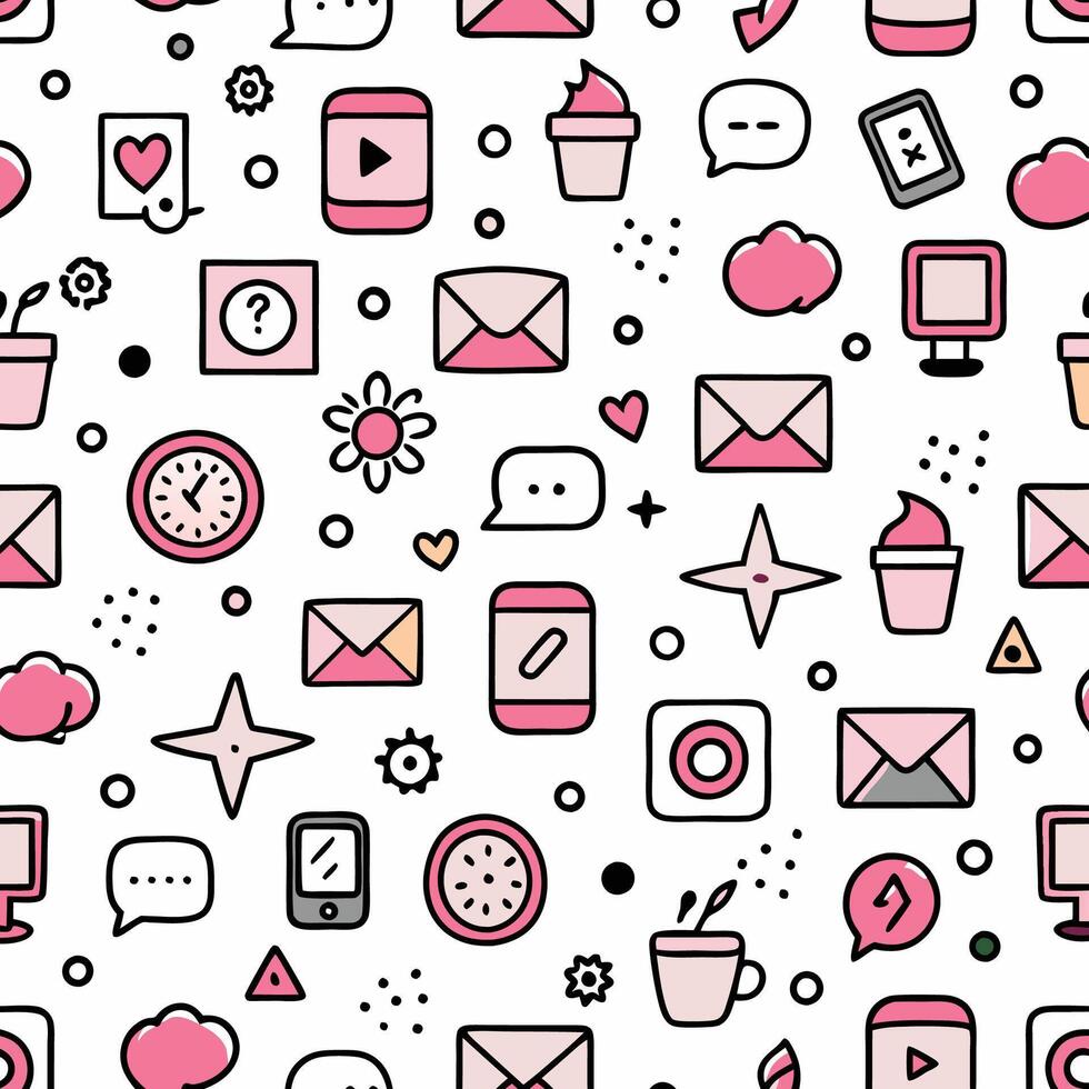 a pink and white pattern with icons and symbols vector