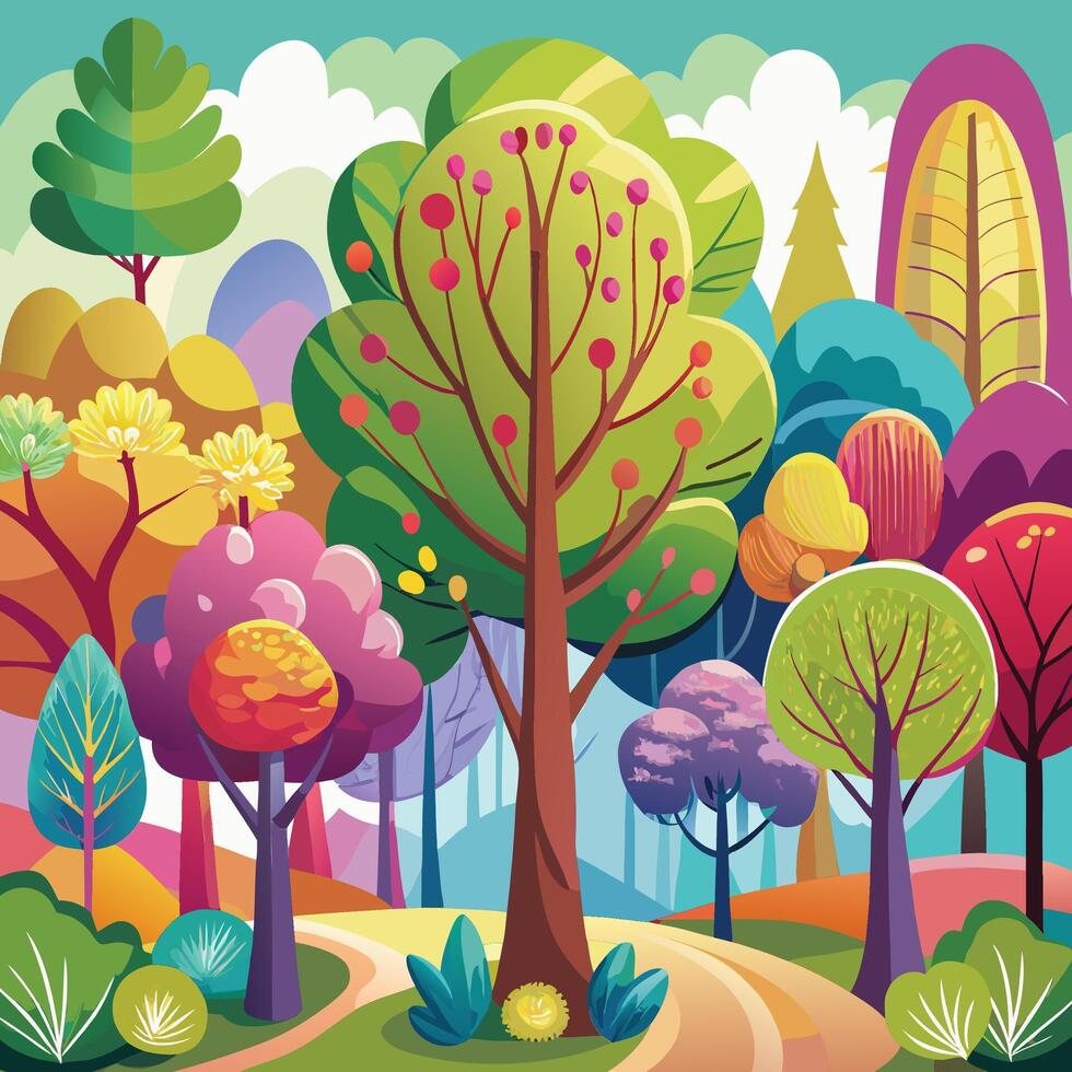 illustration of colorful forest landscape with trees, bushes and flowers vector