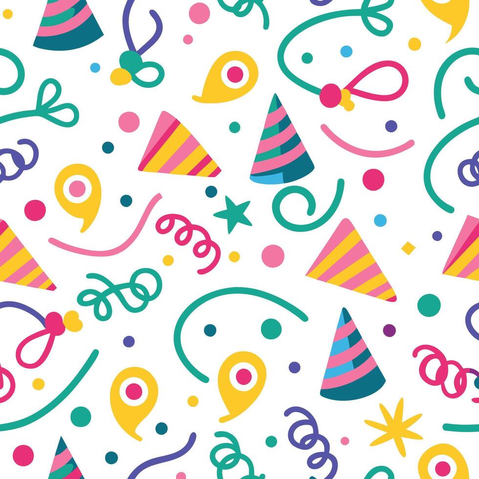 a colorful party hat pattern with confetti and streamers vector