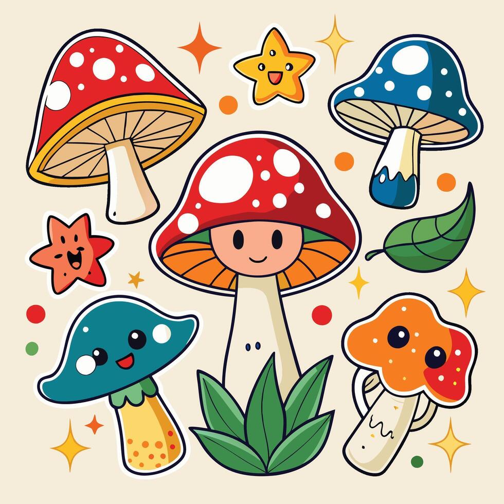 cartoon mushrooms and stars on a beige background vector