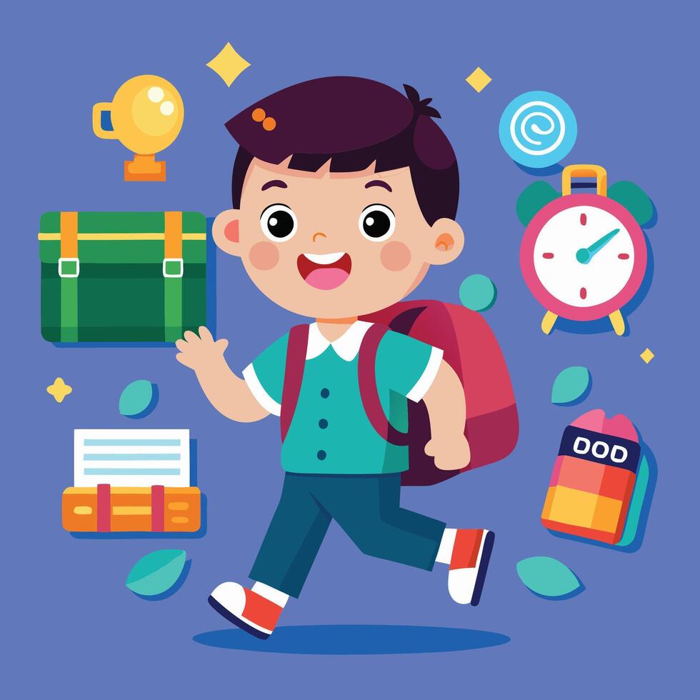 a boy with a backpack and school supplies vector