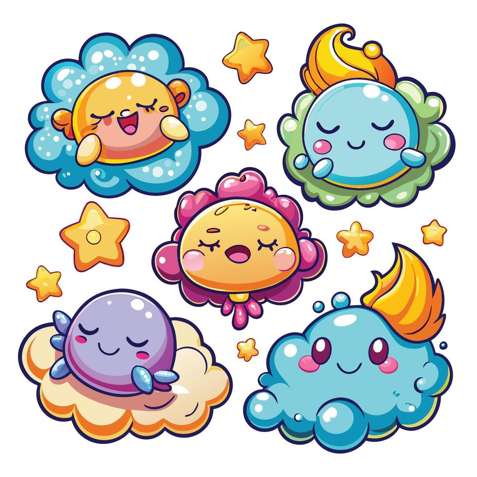 cartoon cloud set with cute cloud, star, and moon vector