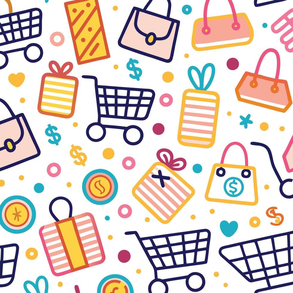 shopping seamless pattern with shopping bags and shopping cart vector