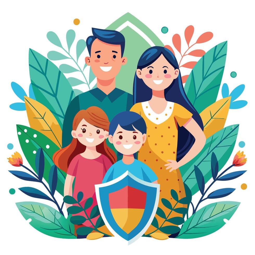 family with shield and flowers, illustration vector