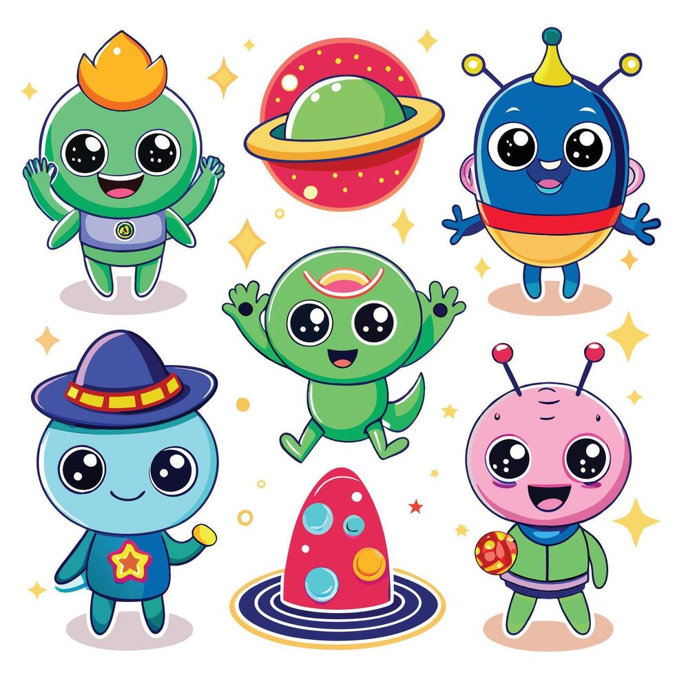 cartoon alien characters set with different colors vector