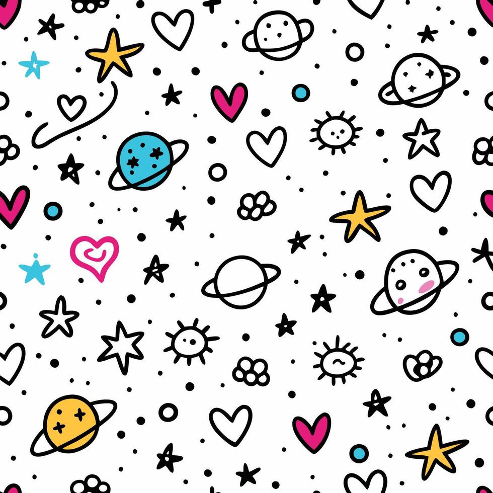 seamless pattern with planets, hearts and stars vector